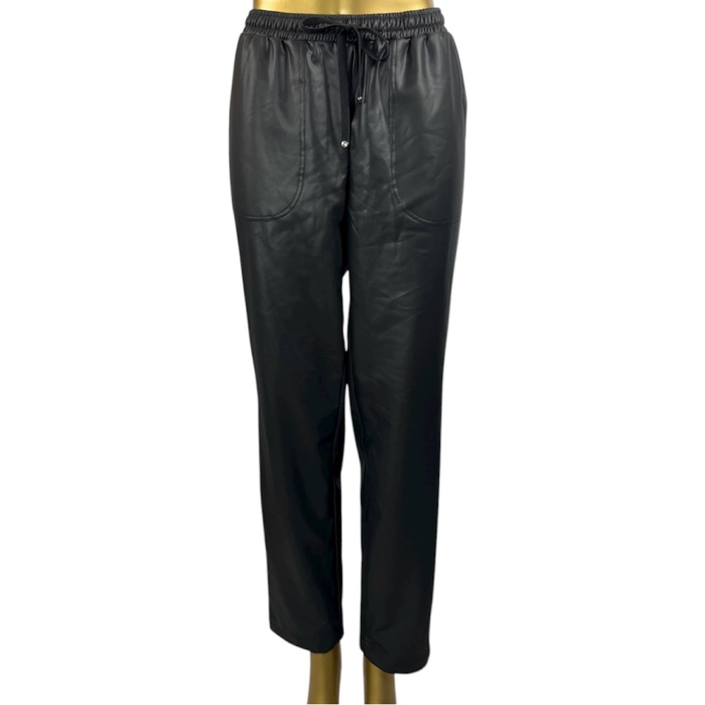 Max Studio Black Faux Leather Pants -Elastic Drawstring Waist -Size MED